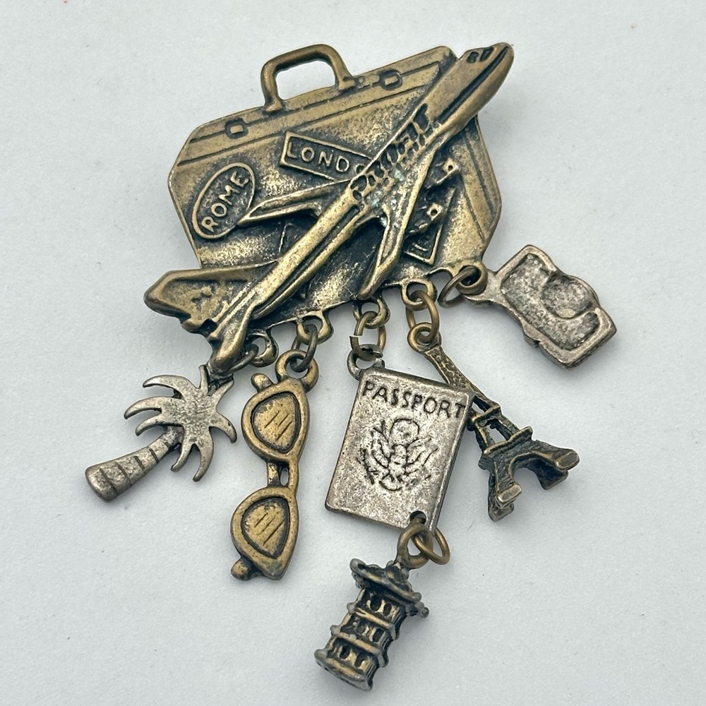 Vintage Travel Charm Brooch with Airplane and Passport Brass Gold Tone